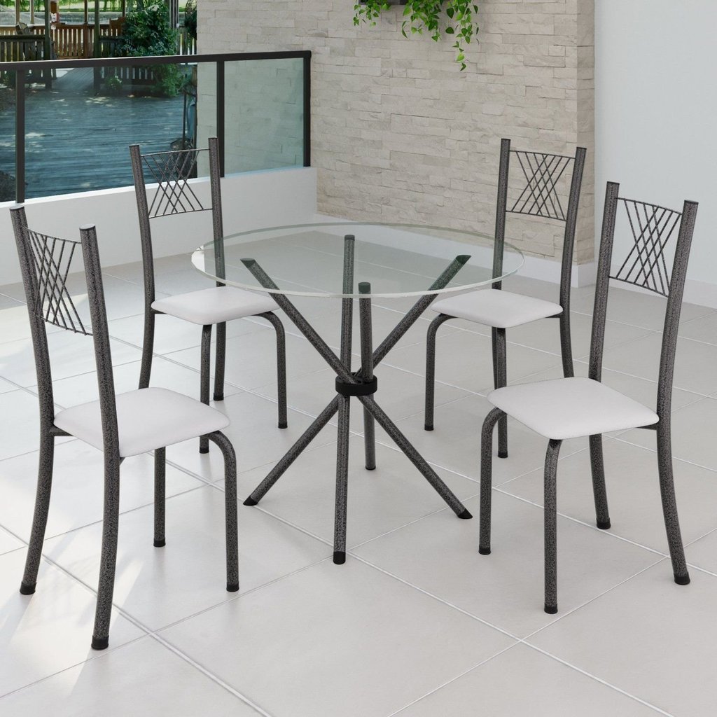 Conjunto de Jantar Mesa Tampo Redondo de Vidro Incolor com 4 Cadeiras Sara Yescasa Prata/Branco Liso/Mart Branco/Prata