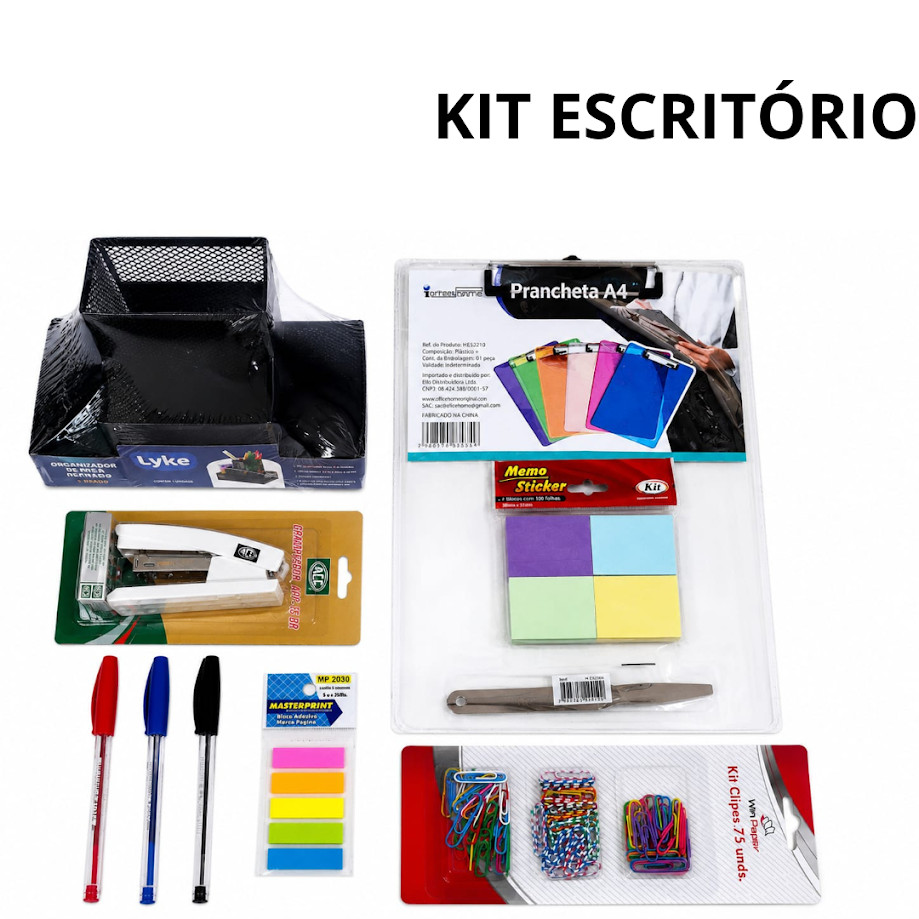 Kit Escritório Organizador de Mesa Grampeador Prancheta Caneta Clip Extrator de Grampo