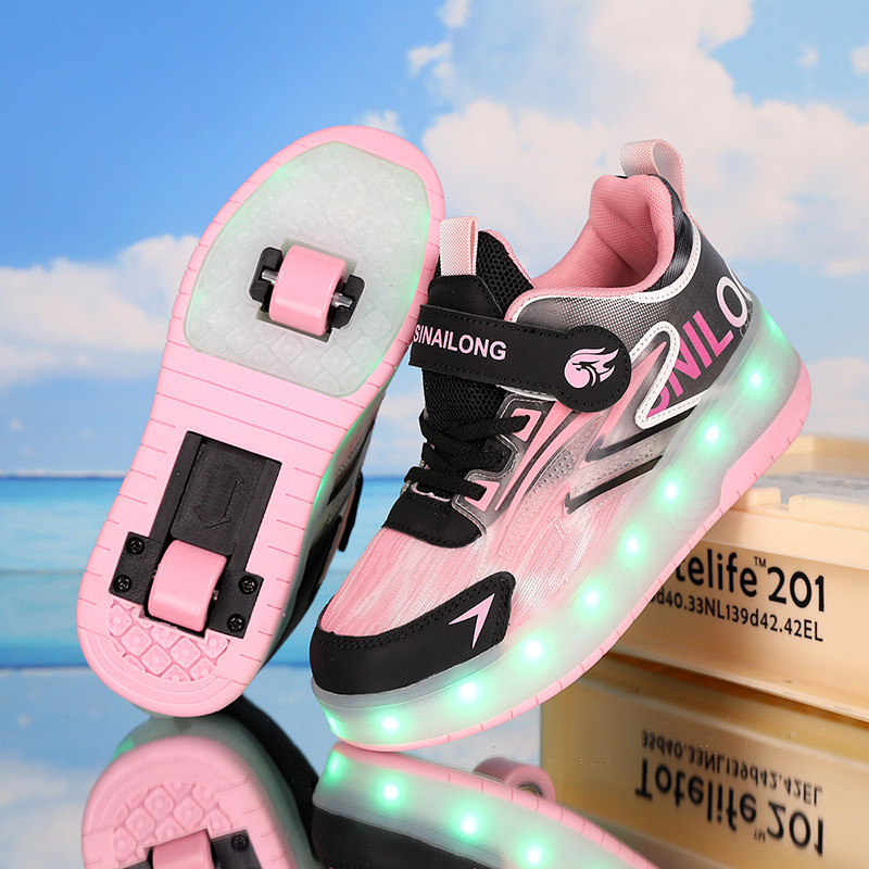 Heelys Para Meninos Com Rodas Duplas , Patins Botões Respiráveis Crianças , Sapatos De Patinação De Quatro Luzes Colorid