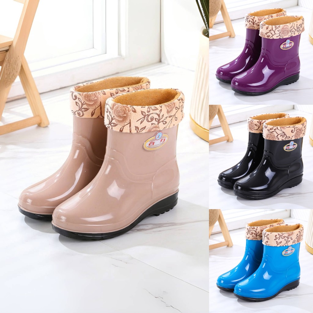 Botas de chuva femininas de cano médio com sola grossa, quentes e forradas, antiderrapantes e impermeáveis, botas de chu