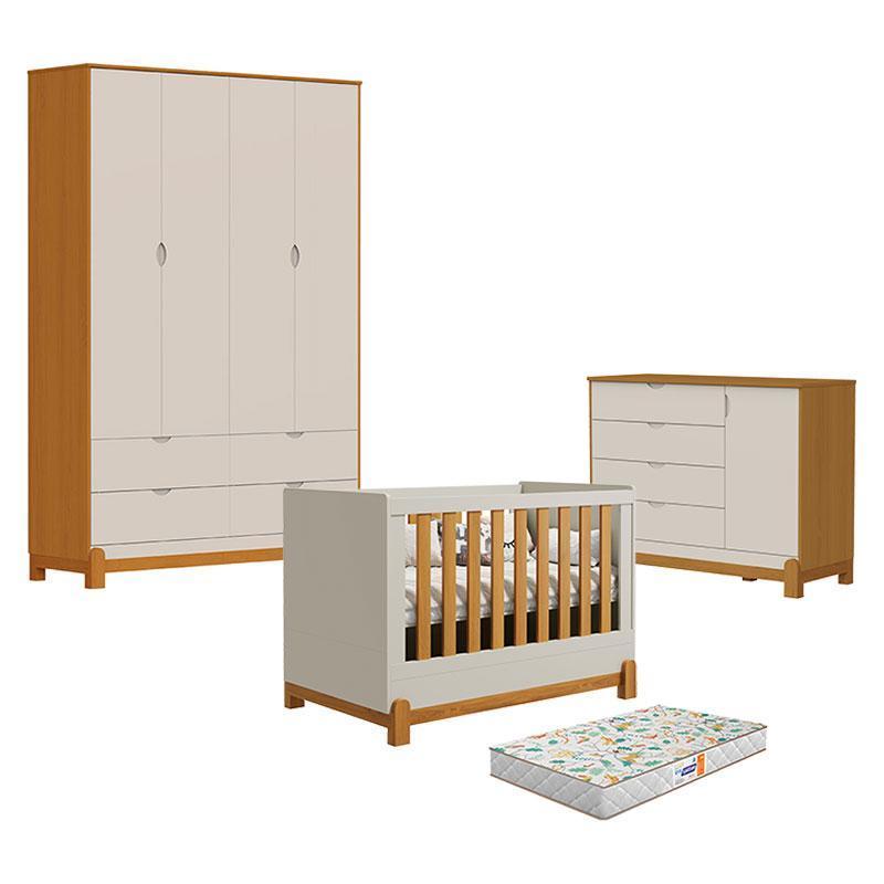 Quarto de Bebê 4 Portas com Sapateira Lótus Liso Areia Savana e Berço Lótus Liso Areia Savana com Colchão Gazin - Reller