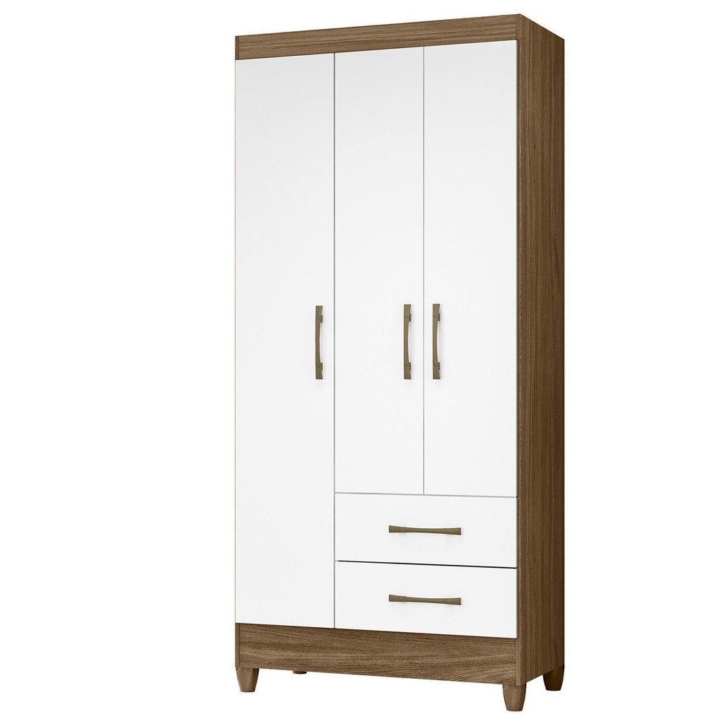 Guarda-Roupa Solteiro 3 Portas 2 Gavetas e Pés Lima Marrom/Marrome/Branco Naturale/Branco