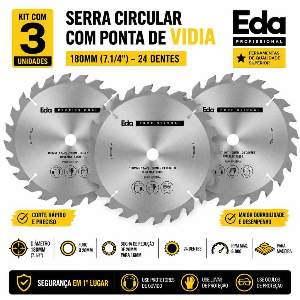 3 Disco Serra Circular 180mm 24 Dentes Vídea Para Madeira MDF Compensado Corte Preciso Furo 20mm