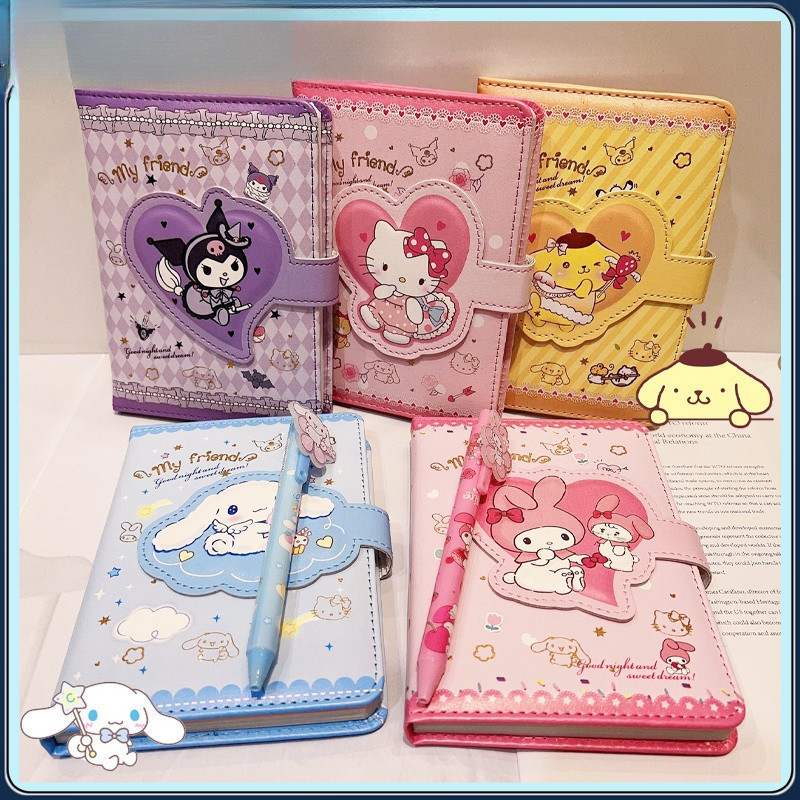 Conjunto de Cadernos Kawaii Sanrio Anime Hello Kitty Kuromi Cinnamoroll, Caderno de Estudante, Diário com Carimbo, Bloco
