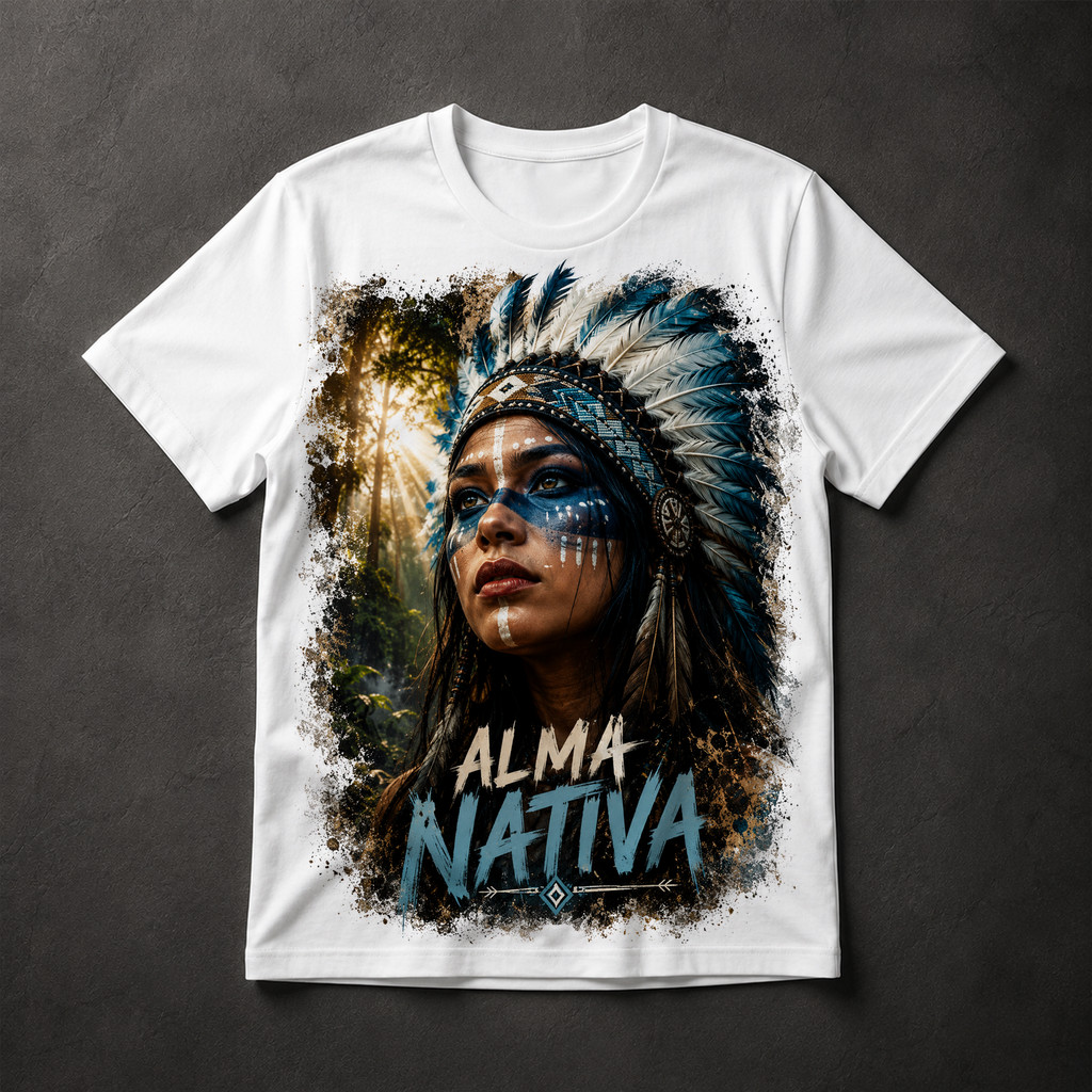 Camiseta Masculina Alma Nativa Indígena Tribal Cocar Floresta Estampa Premium