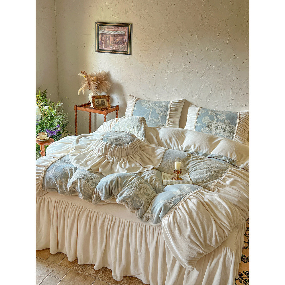 Francês esculpido Retro engrossado leite velo conjunto de quatro peças estilo princesa inverno quente Coral velo dupla f