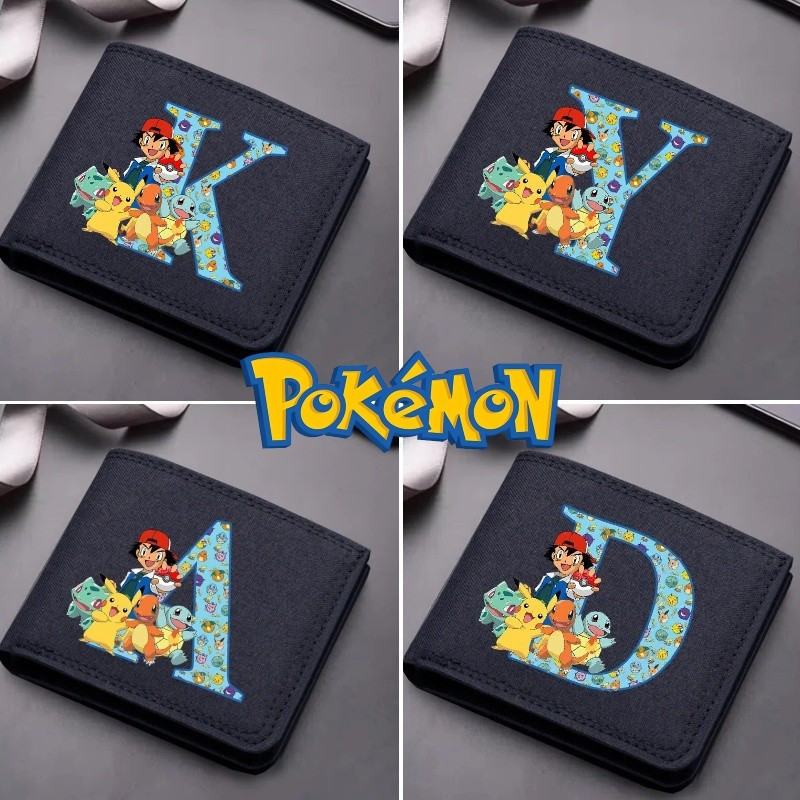 Carteira dobrável portátil Pokémon azul com zíper, adequada para guardar moedas e cartões bancários.   HTFU