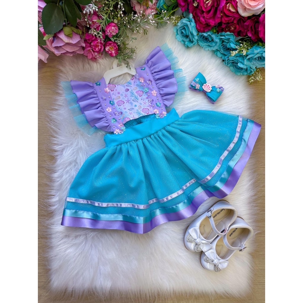 Vestido Sereia Infantil FestaTemático Fundo do Mar Lilas Bebê Princesa - Festinha e Aniversários Temáticos Romper Sereia