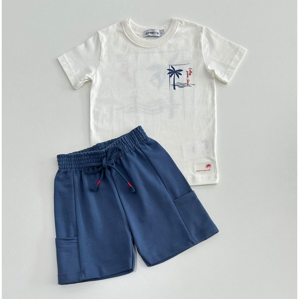 Conjunto Infantil 2/14 Divertto Camiseta Branca e Bermuda Azul