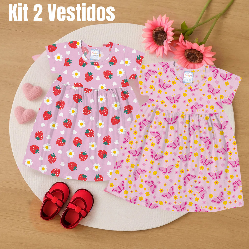 Kit 2 Vestidos Menina 1 a 3 Anos – Borboleta e Morango – 100% Algodão Leve e Fresco Verão - Modelagem Soltinha Envio ráp