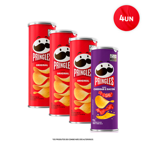 Combo Pringles Original 3 unid + Pringles Cheddar e Bacon 1 unid em Oferta na Shopee