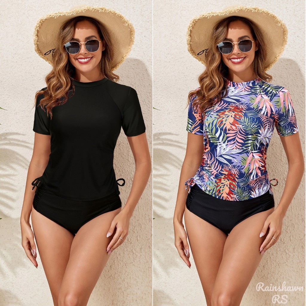Conjunto de Duas Peças de Tankini Manga Curta Maio Feminino Praia Roupa De Praia Biquini Cintura Alta Maio Natação