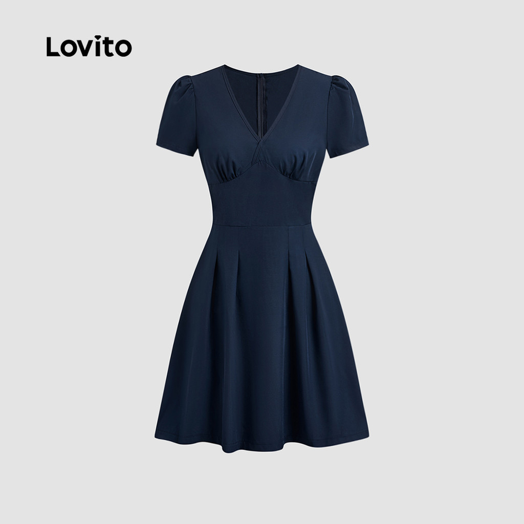 Detalhes do Lovito Vestido Casual de Lazer Simples para Primavera/verão Vestido Azul-marinho para mulheres L151AD454