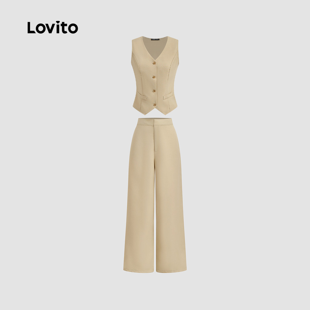 Detalhes do Lovito Blusas Ou Calças Lisas Com Botões Frontais Para Mulheres L129ED432