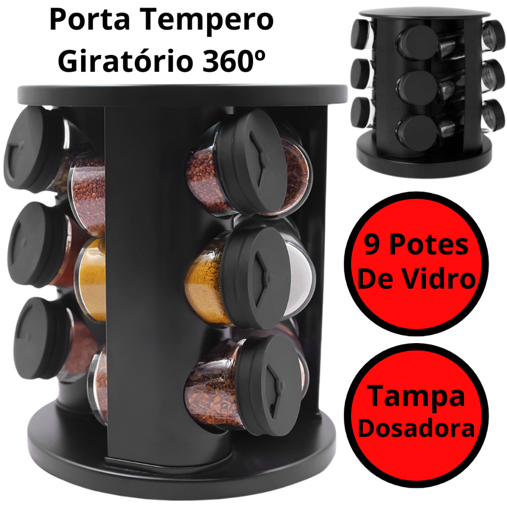 Porta Tempero Organizador de Condimentos Giratório 9 Potes Vidro 90G Para Cozinha Com Tampa Dosadora