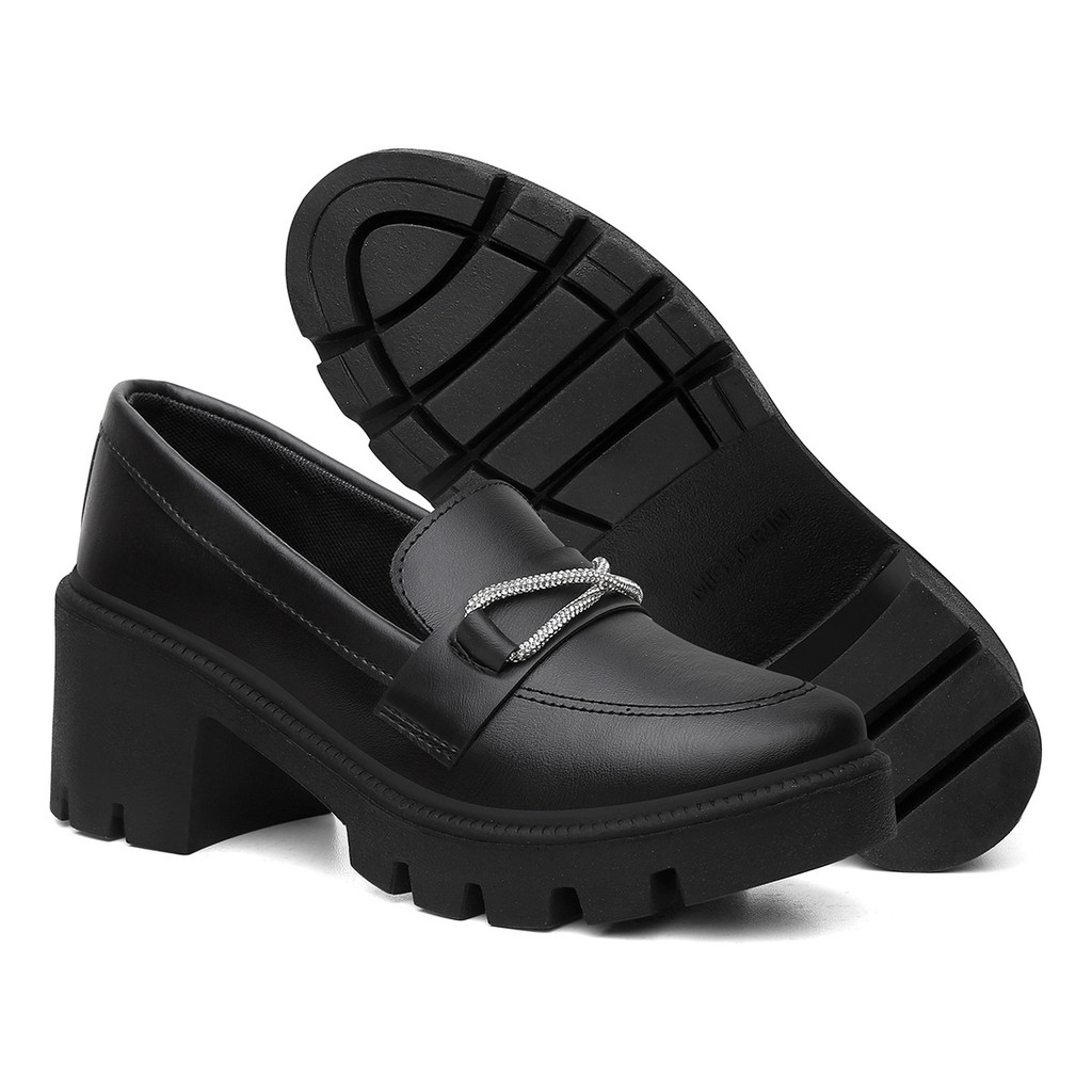 Sapato Mocassim Oxford Feminino Tratorado Salto Bloco Com Detalhe Brilho