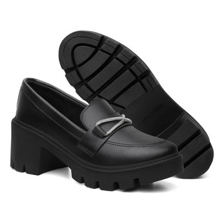 Sapato Mocassim Oxford Feminino Tratorado Salto Bloco Com Detalhe Brilho