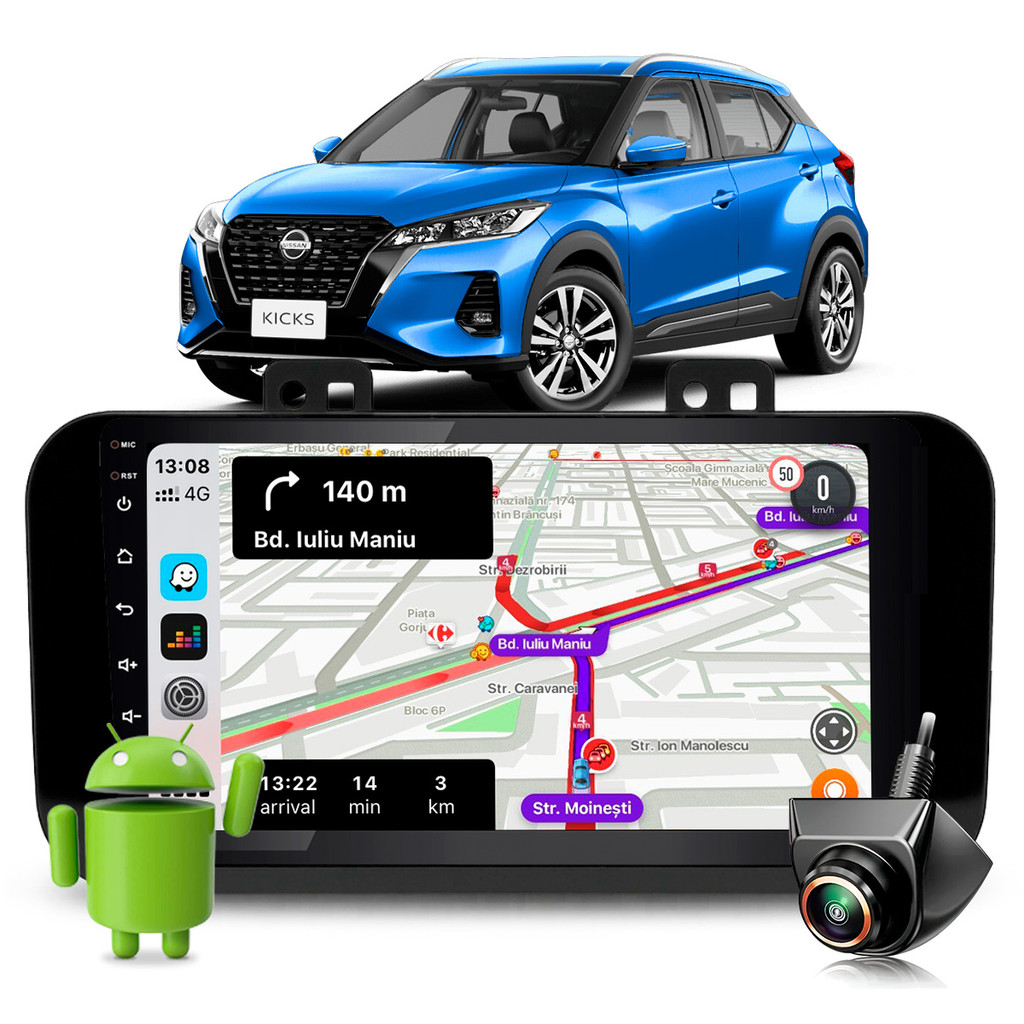 Kit Multimídia 9 Polegadas Android Quadcore Carplay Android Auto + Câmera Hd Kicks 2022 a 2025