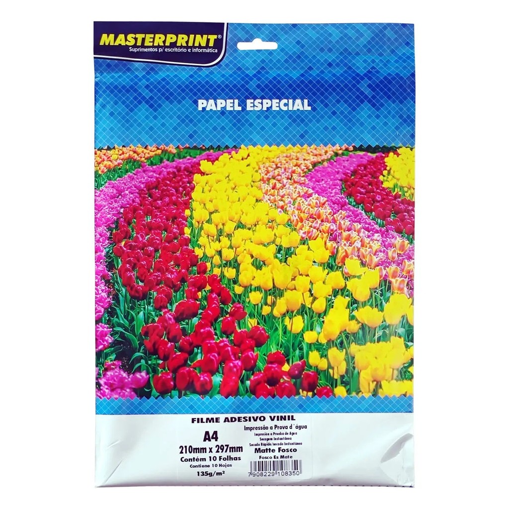 Adesivo Vinil A4 135g Branco Matte Fosco Imprimível 10 Folhas Masterprint