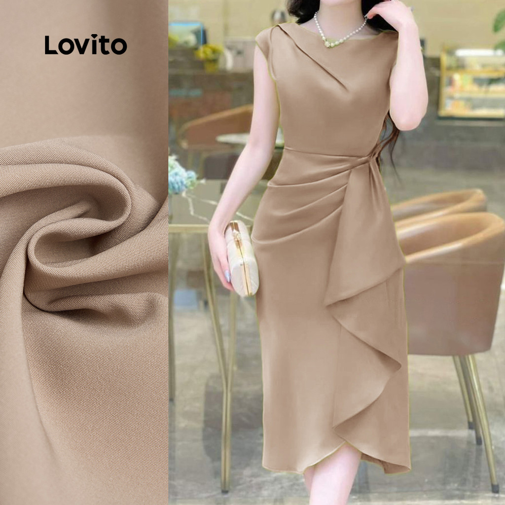(NEW) Lovito Vestido Elegante Assimétrico com Pregas para Trabalho Na Primavera/verão Vestido caqui L155ED1811 em Oferta na Shopee