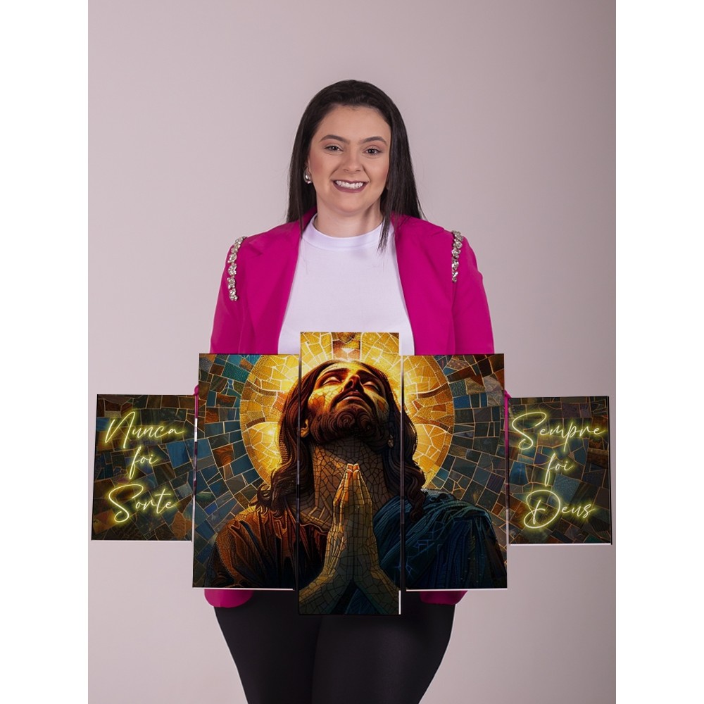 Quadro Decorativo 5 Peças Jesus Cristo Sempre Foi Deus Nunca Foi Sorte Sala Quarto Parede