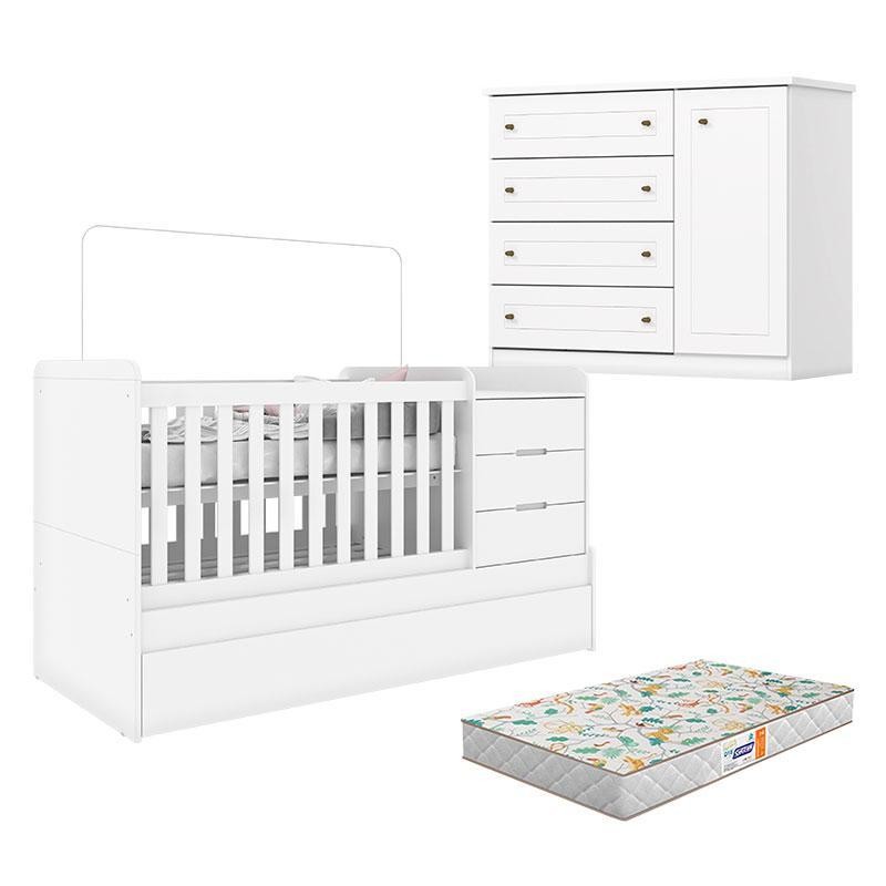 Berço Multifuncional Cleo e Cômoda Infantil Americano Branco Fosco com Colchão Gazin - Henn