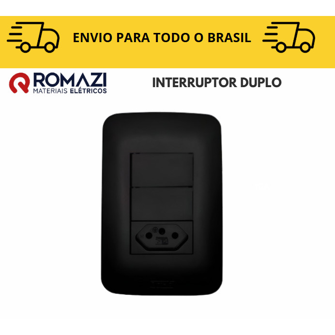 Interruptor Duplo com Tomada linha canoa black romazi / 10A / 20A / Paralelo / Tomada Preta