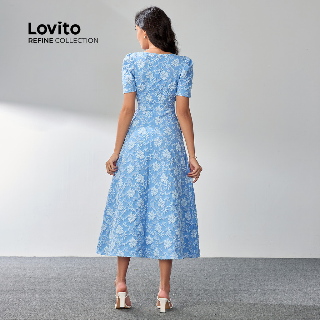 Detalhes do (Lovito Refine) Vestido Elegante Festas Natal Tons Branco Estampa Floral Zíper Drapeado Ideal Verão/primavera LR4LD126