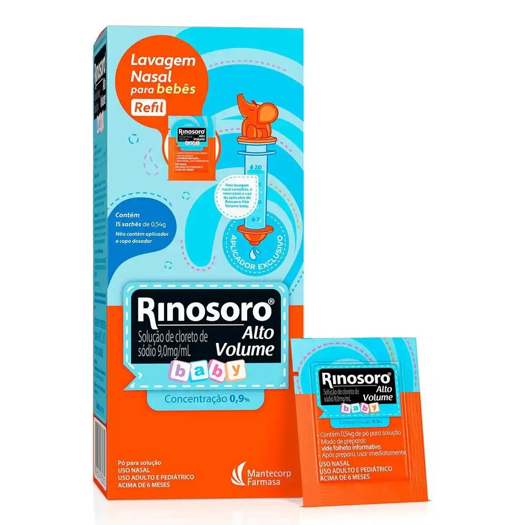Rinosoro Baby 0,9% Refil com 15 Sachês – Alto Volume Higiene Nasal Segura e Suave