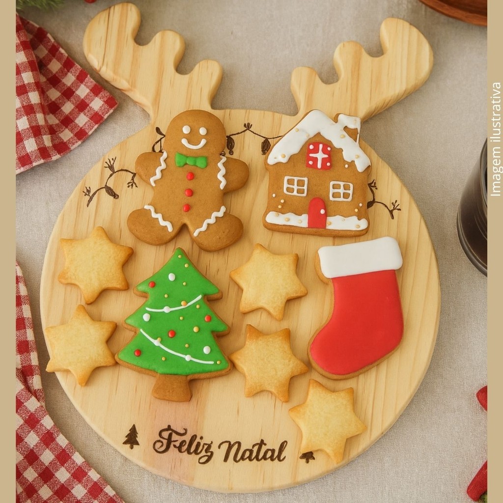 Tábua Redonda Natalina Rústica em Madeira Pinus Formato Rena com Gravação "Feliz Natal"