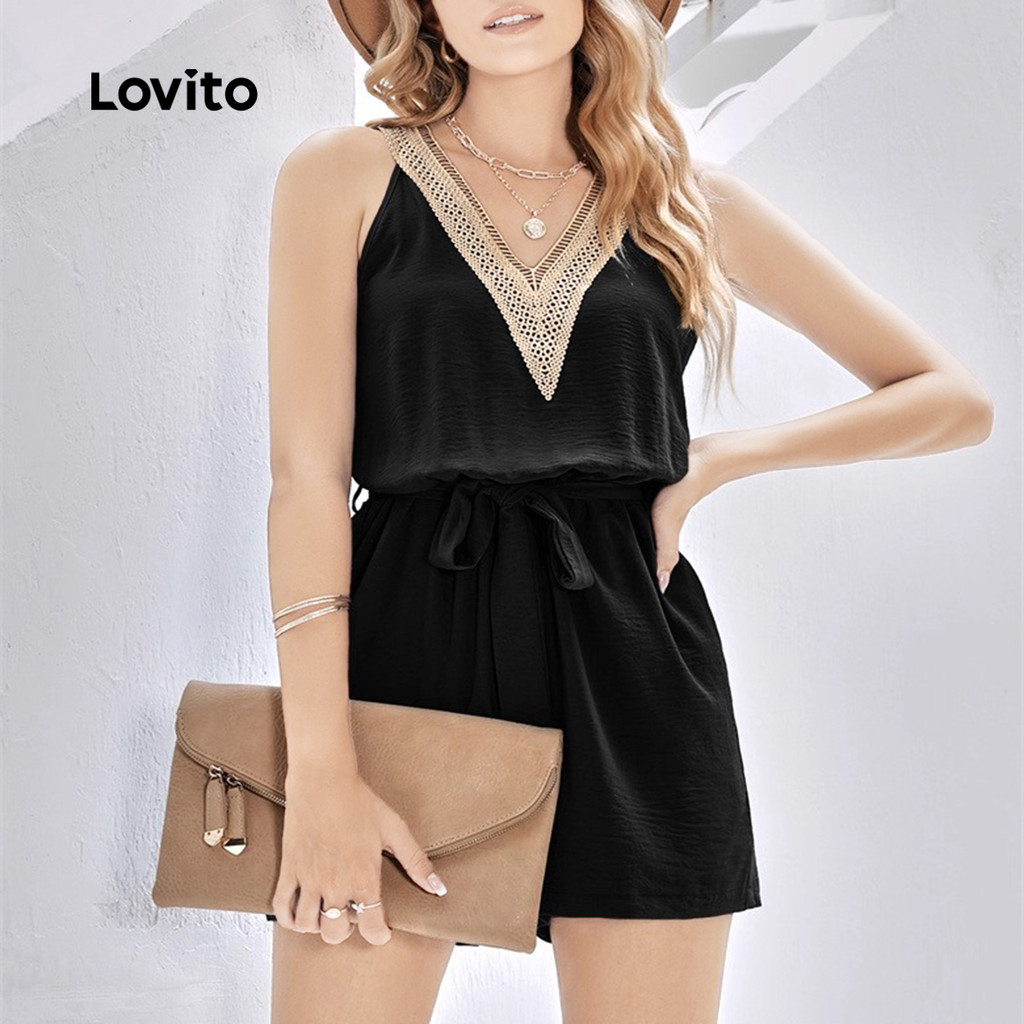 Detalhes do Lovito Macacão Casual com Fita de Contraste Drapeado Primavera/verão Preto para mulheres L150AD1336