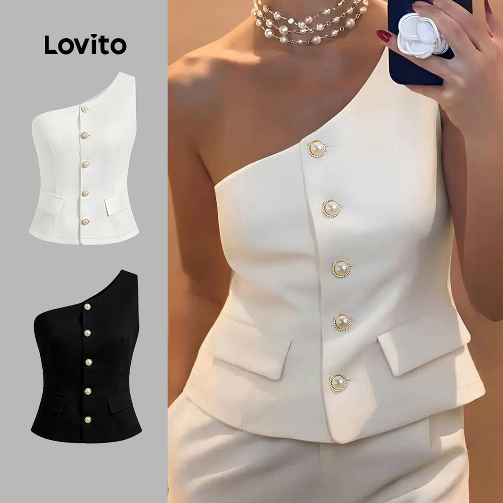 (Lovito x Ana) Elegante Blazer Feminino Botões Assimétricos Liso Primavera/Verão LBL22647