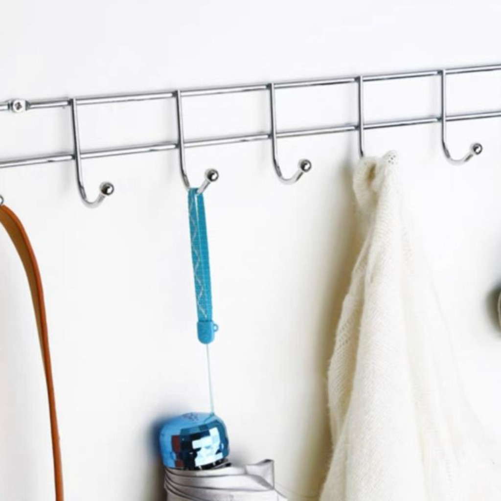 Suporte Cabideiro Gancho De Parede 47X4,5CM Com 8 Ganchos Em Metal Inox Suporta Até 5kg Universal