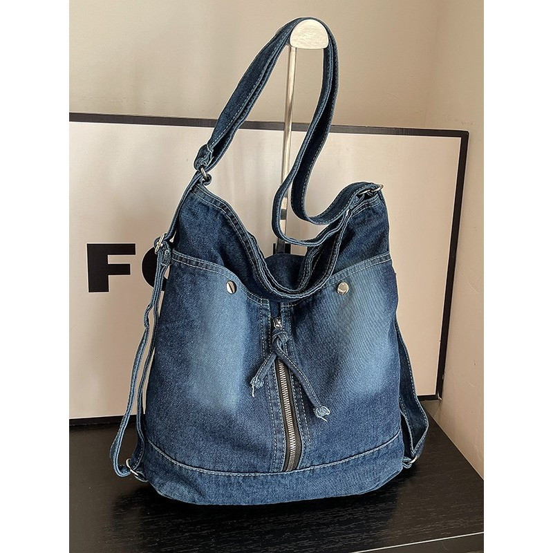 Bolsa feminina 3 em 1 de jeans, bolsa transversal e bolsa de ombro, bolsa bucket de jeans lavado