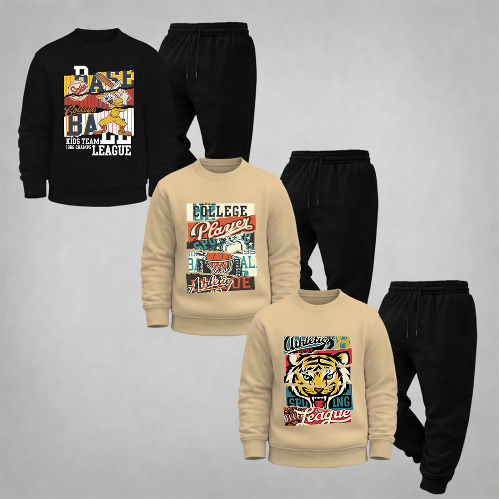 Kit 3 Conjunto Infantil Menino Menina Moletom Calça Peluciado Esportiva Baseball Basquete Tigre