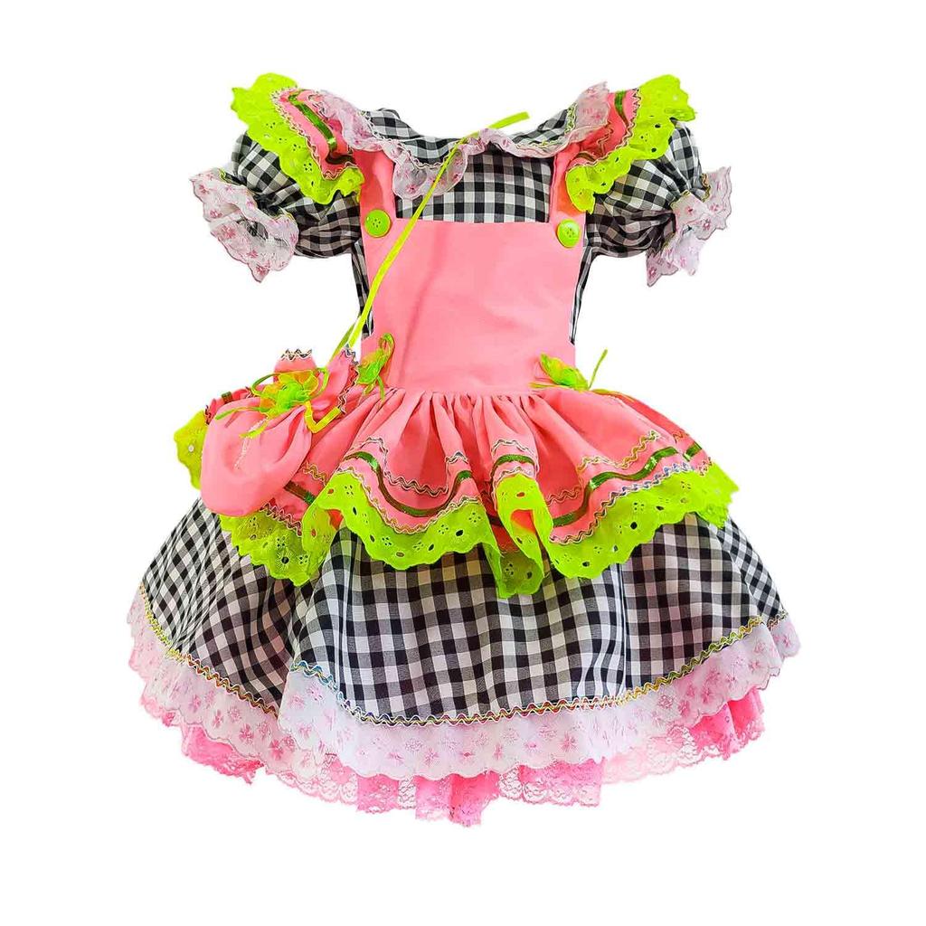 Vestido Festa Junina Xadrez de Luxo com Saia Super Rodada e Avental pra Bebê Menina Caipira
