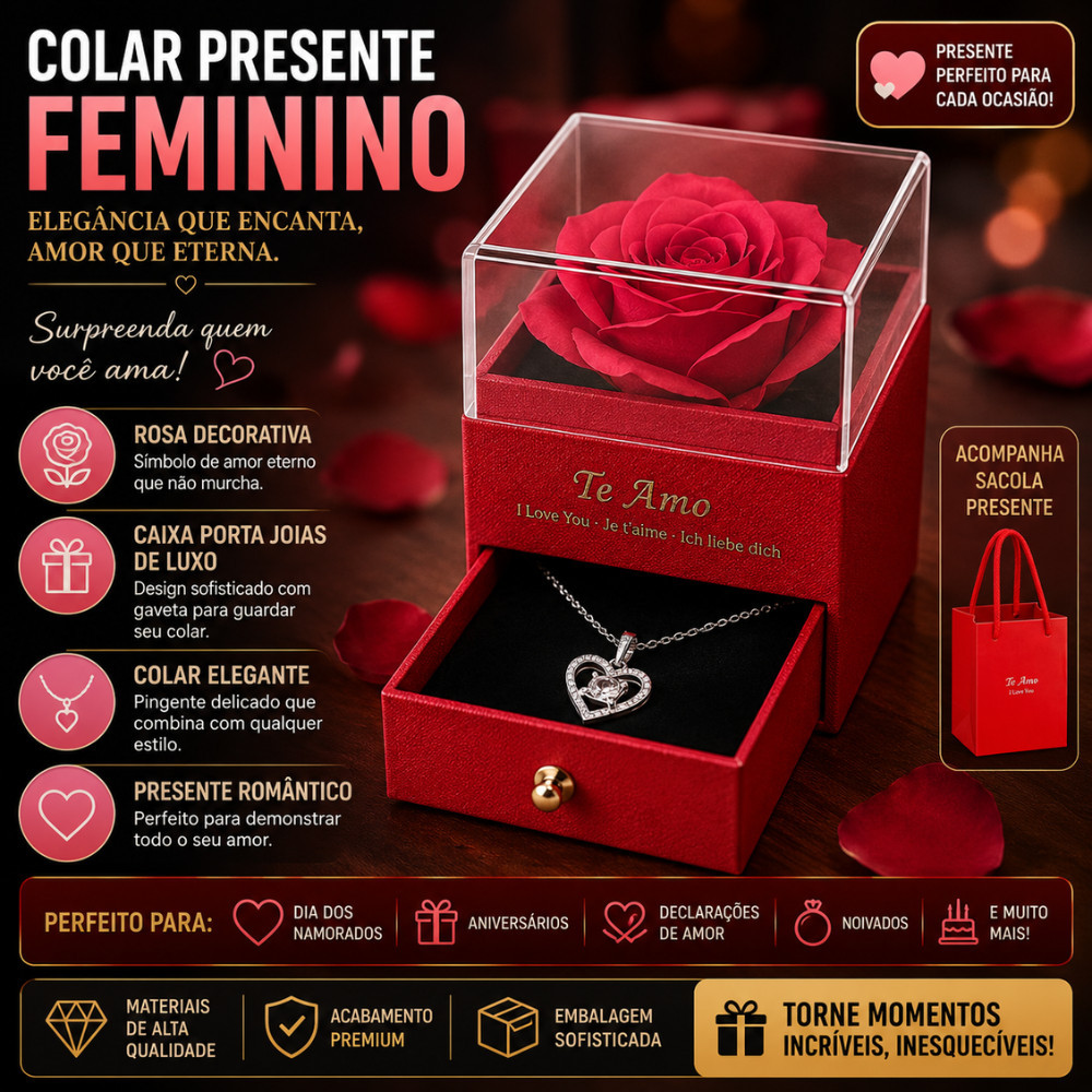 Colar Feminino Com Caixa Porta Joias Rosa Decorativa Presente Romântico Namorada Esposa Mãe Luxo
