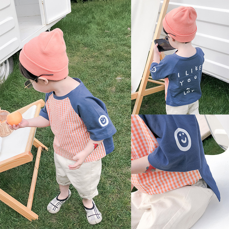Meninos camiseta de manga curta 2024 verão novo estilo bebê versão coreana xadrez médio pequeno crianças contraste cor c