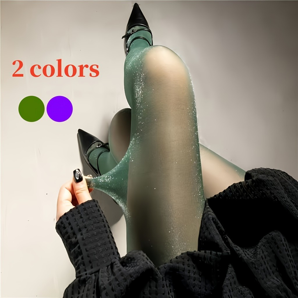 Meia-calça fina plus size feminina com fios prateados brilhantes, cor sólida, tecido de malha elástica, feita de materia