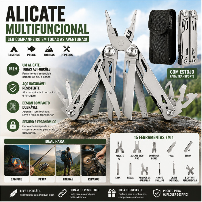 17 EM 1 Alicate Multifuncional Inox - Faca + Serra para Camping Montanhismo, Ferramenta EDC Portátil