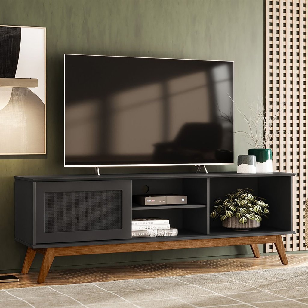 Rack Retrô para TV até 60 Polegadas MDF 162cm Pés em Madeira Maciça Palinha Panama Móveis Preto Preto