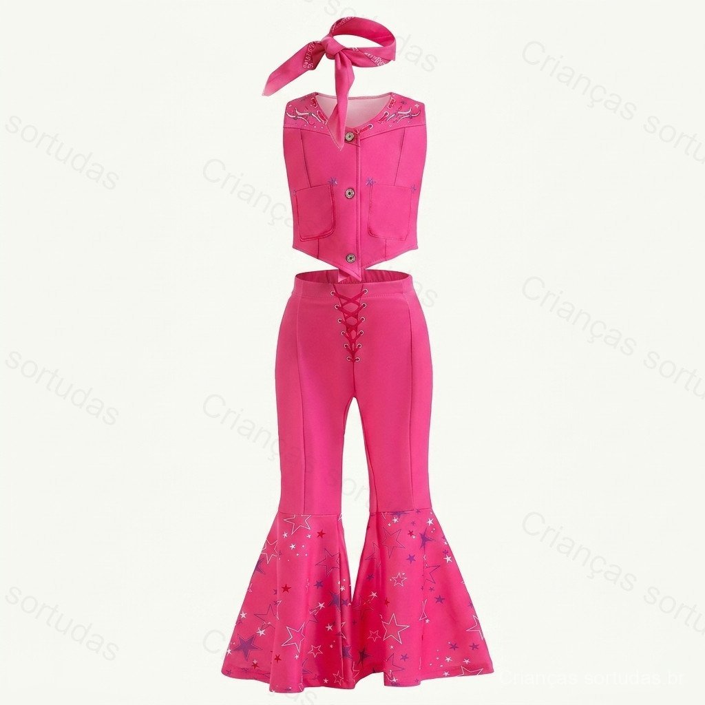 Conjunto de Calças Boca de Sino com Estampa de Estrelas para Meninas, Roupa de Performance Infantil para Crianças de 4 a