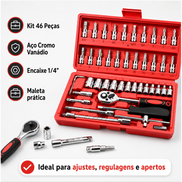 Kit Ferramentas 46 (1063) Peças Jogo De Soquetes Chave Catraca Reversível Com Maleta Jogo Completo 1063