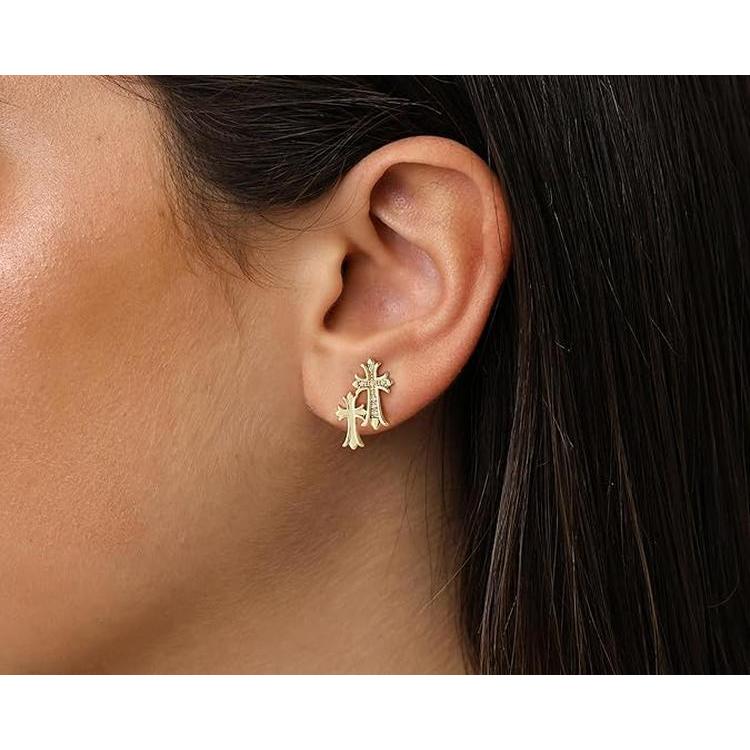 Pvoovi Gold Double Cross Stud Earrings for Women and Men 14k Gold Plated Small Pave CZ Dangling Hypoallergenic Lightweig