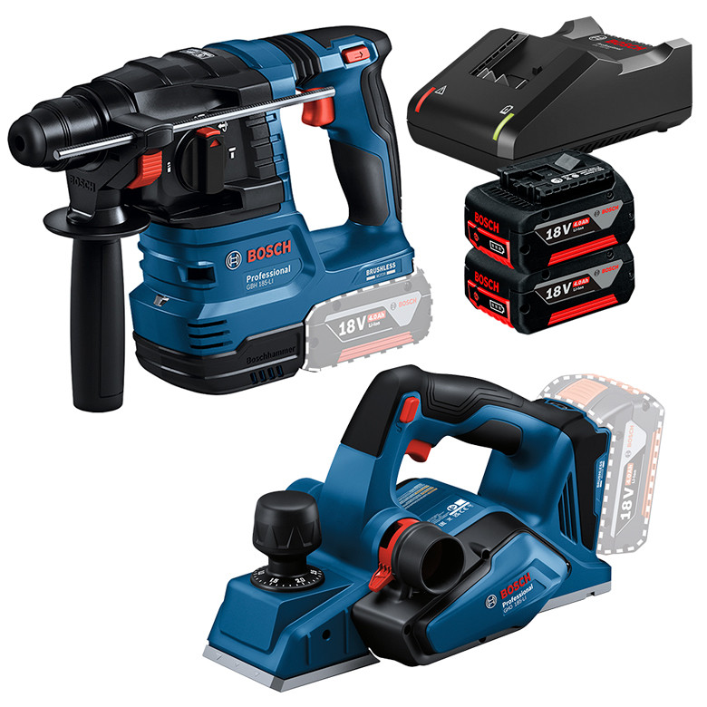 Kit Martelete Rotativo Rompedor GBH 185-LI + Plaina GHO 185-LI + 2 Baterias GBA 18V 4Ah e Carregador Bivolt GAL 18V-40