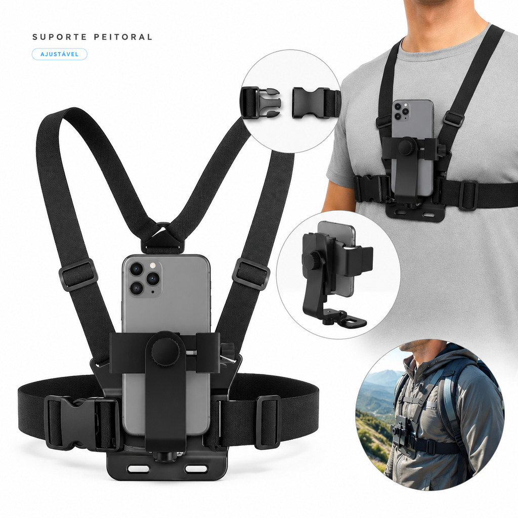 Suporte de Peito para Celular e Câmera GoPro com Cinta Ajustável