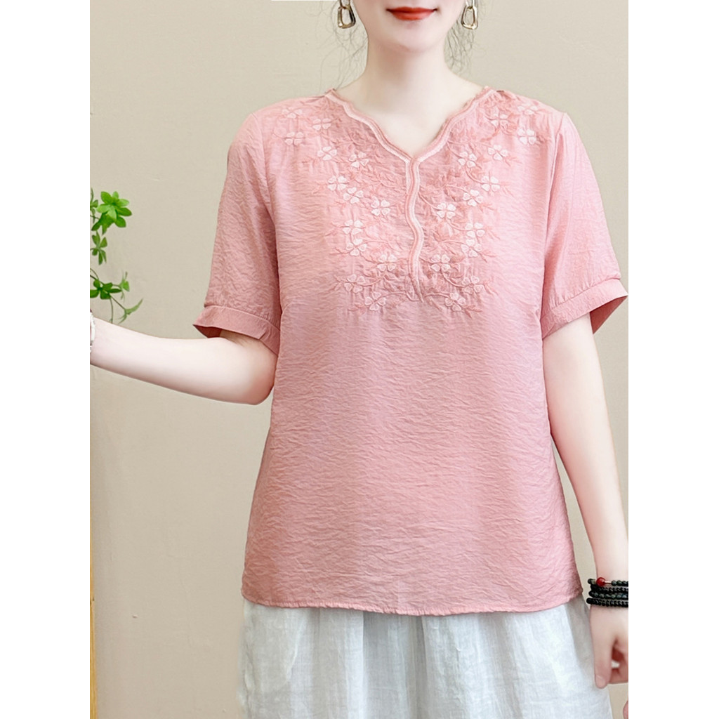 Roupas femininas idosas de meia-idade roupas da mãe fina camiseta de manga curta bordada solta roupas de verão moda cami
