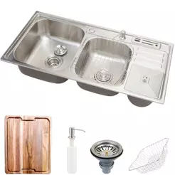Kit Cuba p/ Cozinha Pia Dupla em Aço Inox Nukini com Acessórios Lixeira e Tábua de Corte
