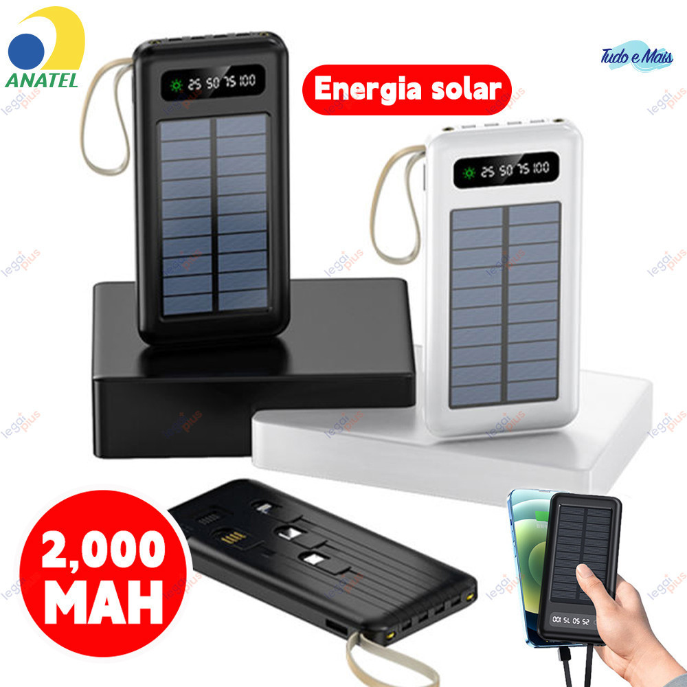 Banco de Potência 20000mah com Painel Solar , 5 Cabos e Lanterna de LED