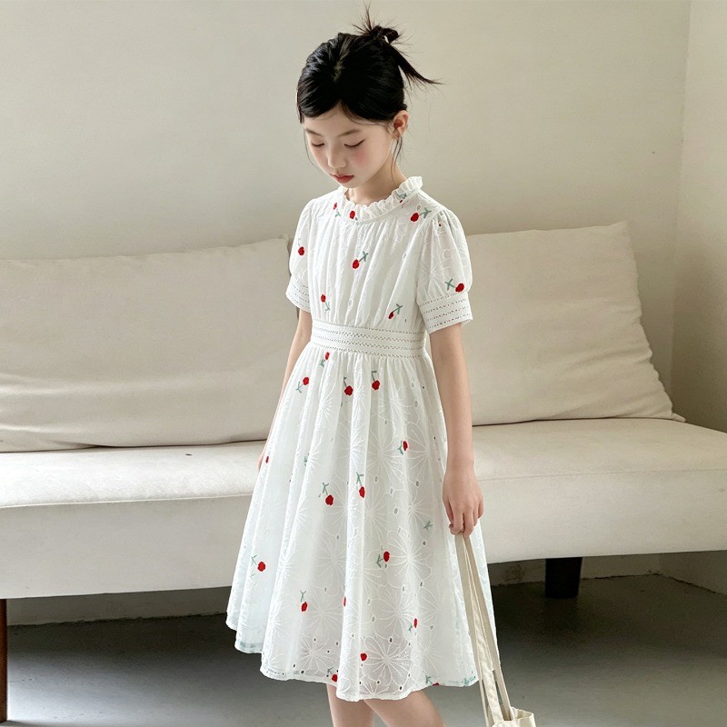 Meninas Vestido De Verão 2026 Doce Bonito Flor Impressão Manga Curta Plissado Pescoço Branco Crianças Roupas 110-170cm 2